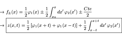 \begin{displaymath}
% latex2html id marker 18011\begin{array}{l}
\displaystyle...
...+\frac{1}{2}\int ^{x+t}_{x-t}dx'\, \varphi _{2}(x')}\end{array}\end{displaymath}