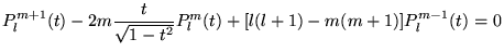 $\displaystyle P_{l}^{m+1}(t)-2m\frac{t}{\sqrt{1-t^{2}}}P_{l}^{m}(t)+[l(l+1)-m(m+1)]P_{l}^{m-1}(t)=0$