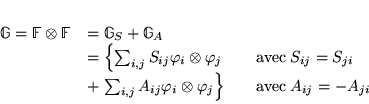 \begin{displaymath}
% latex2html id marker 15751\begin{array}{lll}
\mathbb{G}=...
..._{j}\right\} & \quad \mathrm{avec}\; A_{ij}=-A_{ji}
\end{array}\end{displaymath}