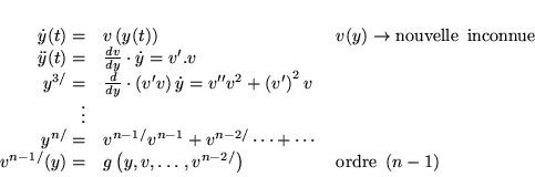 \begin{displaymath}
% latex2html id marker 16881\begin{array}{rll}
\dot{y}(t)=...
...y,v,\ldots ,v^{n-2/}\right) & \text {ordre\, }(n-1)
\end{array}\end{displaymath}