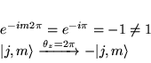 \begin{displaymath}
% latex2html id marker 5930\begin{array}{l}
e^{-im2\pi }=e...
... \xrightarrow {\theta _{z}=2\pi }-\vert j,m\rangle
\end{array}\end{displaymath}